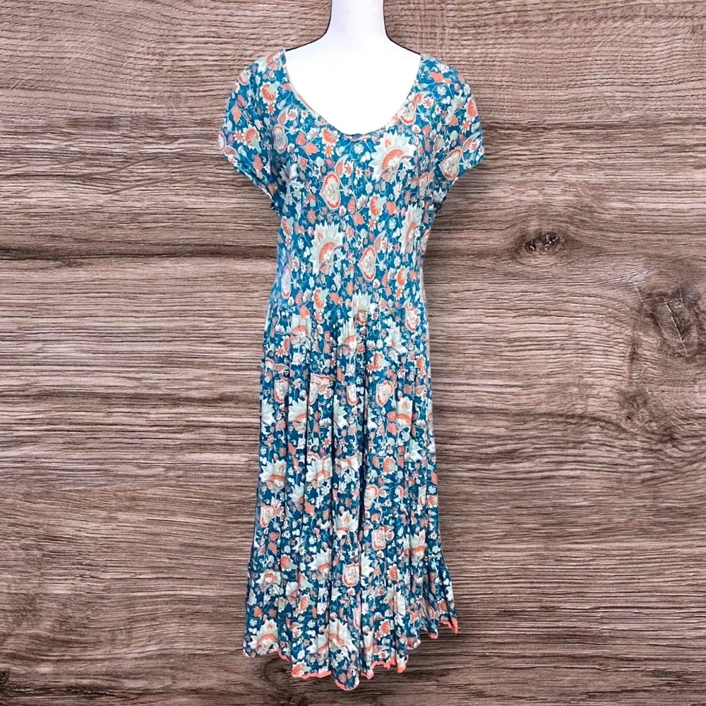 Soft Surroundings Kara Maxi Dress Large TealFloral Boho Tiered Cottagecore  2X - Picture 3 of 9